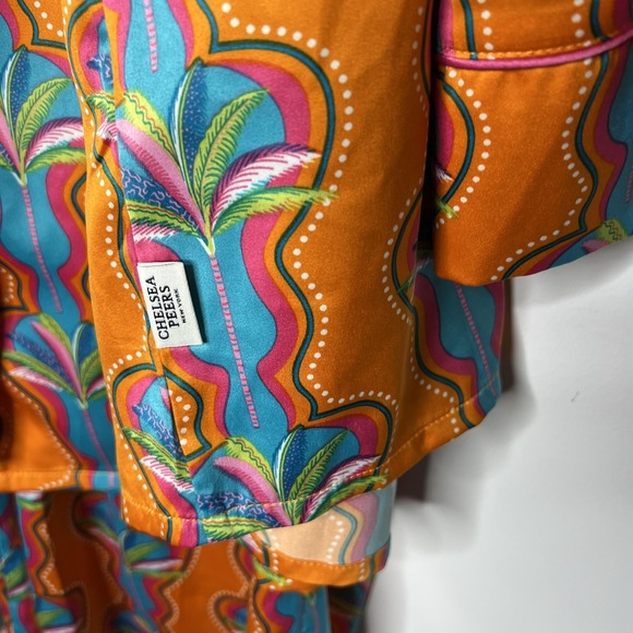 Chelsea Peers Pajama Set Womens Large 14 Orange Tropical Satin 2 Piece Wrap Top - Picture 4 of 16